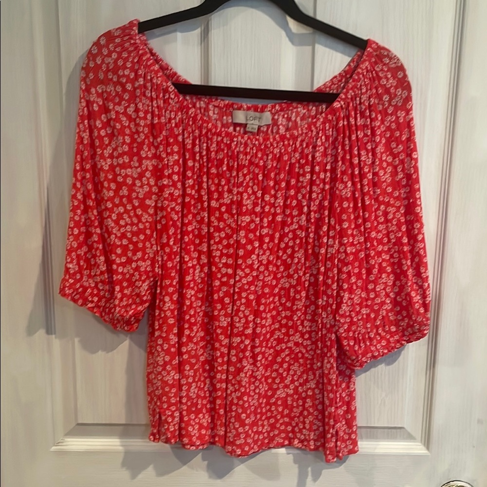 LOFT White and Orange Smocked Puff Sleeve Blouse